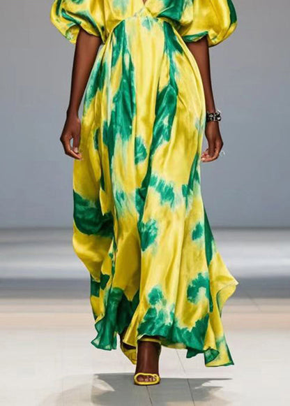 Yellow Cold Shoulder Print Silk Maxi Dresses Lantern Sleeve Summer
