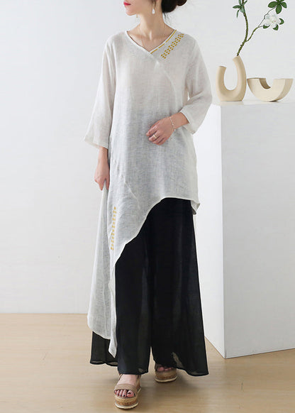 French White V Neck Embroideried Linen Shirt Tops Three Quarter Sleeve