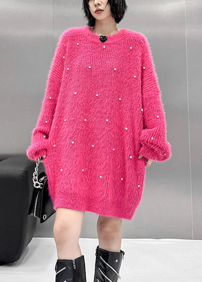 Loose Rose O Neck Pearl Mink Hair Knitted Sweater Spring