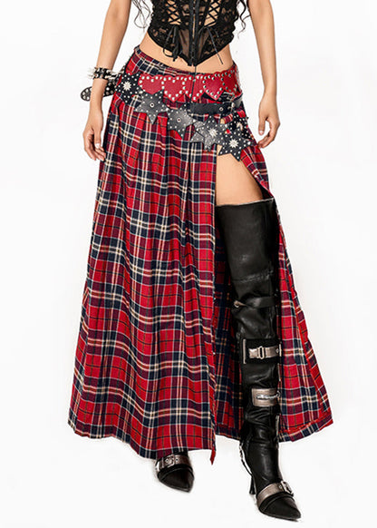 Red Plaid Side Open Maxi Skirts Summer