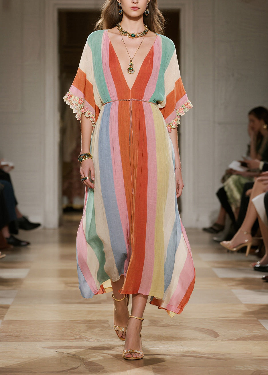 Rainbow V Neck Striped Cotton Maxi Dresses Summer