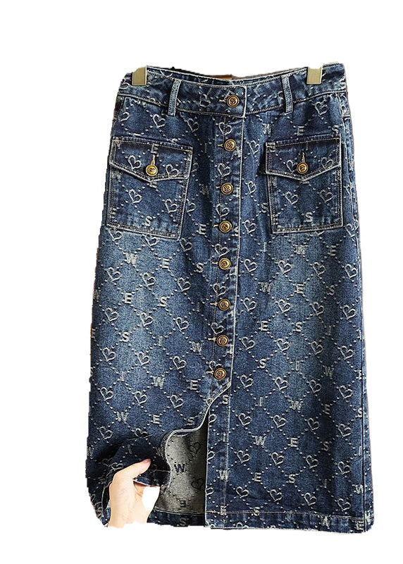 Blue Print Patchwork High Waist Denim a Line Skirt Summer