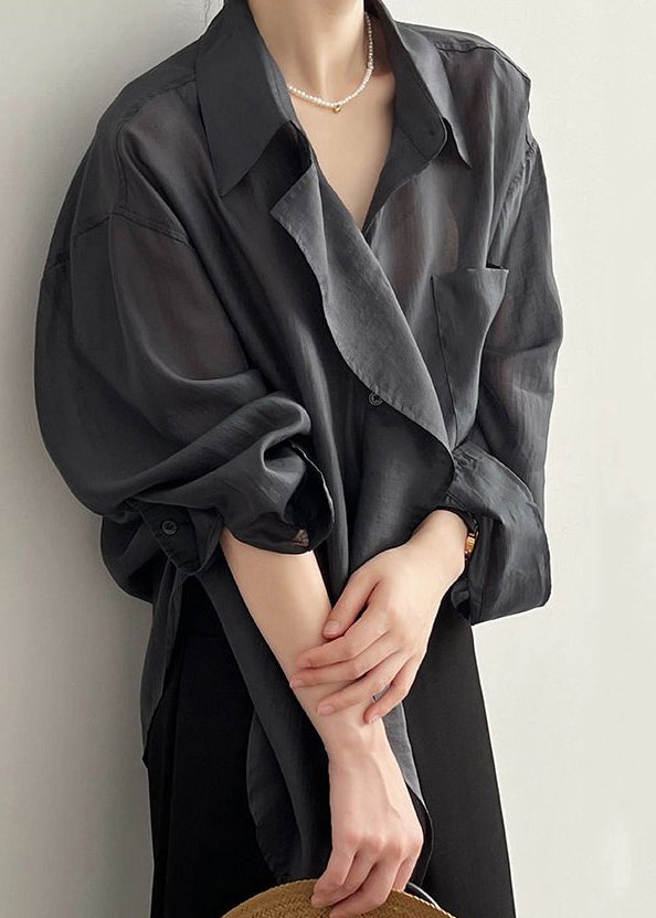 Modern Green Peter Pan Collar Patchwork Button Shirts Spring