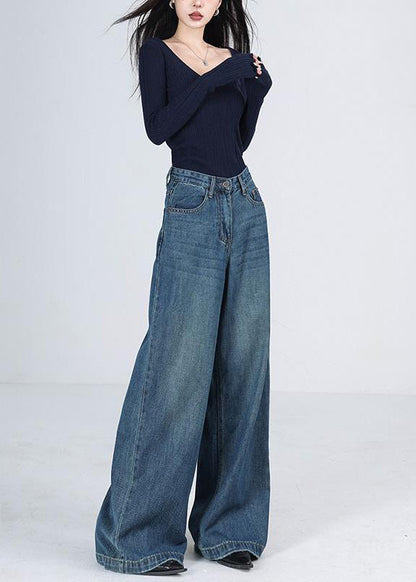 Blue Pockets High Waist Denim Wide Leg Pants Spring