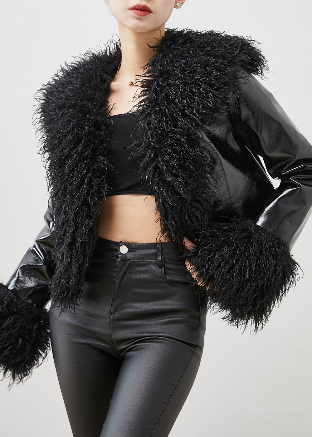 Black Fur Collar Patchwork Faux Leather Coat Winter