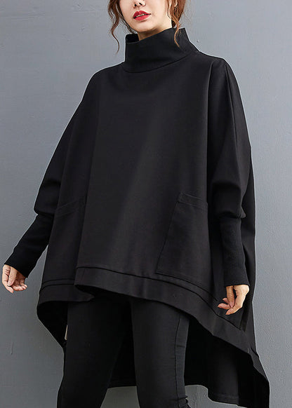Black Turtleneck Asymmetrical Pockets Low High Design Cotton Pullover Long Sleeve