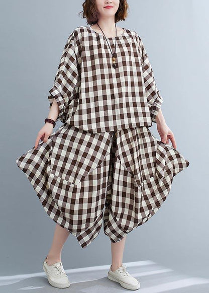 Art Black White Plaid Batwing Sleeve Two Piece Set Clothing Summer Cotton Linen