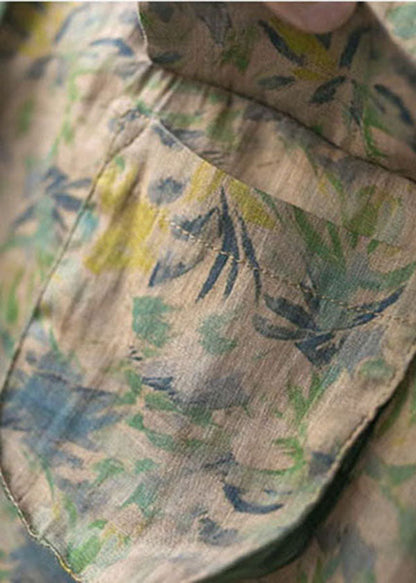 Green Peter Pan Collar Print Pocket Linen Shirt Top Short Sleeve
