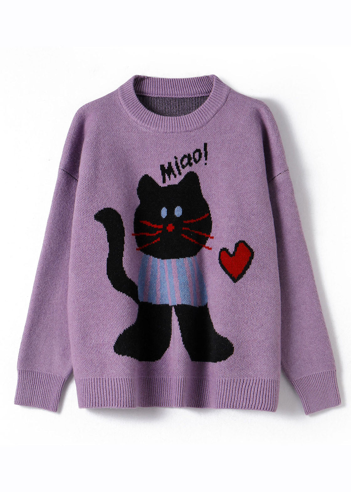 Purple O-neck Animal Print Thick Cotton Knit Sweater Long Sleeve