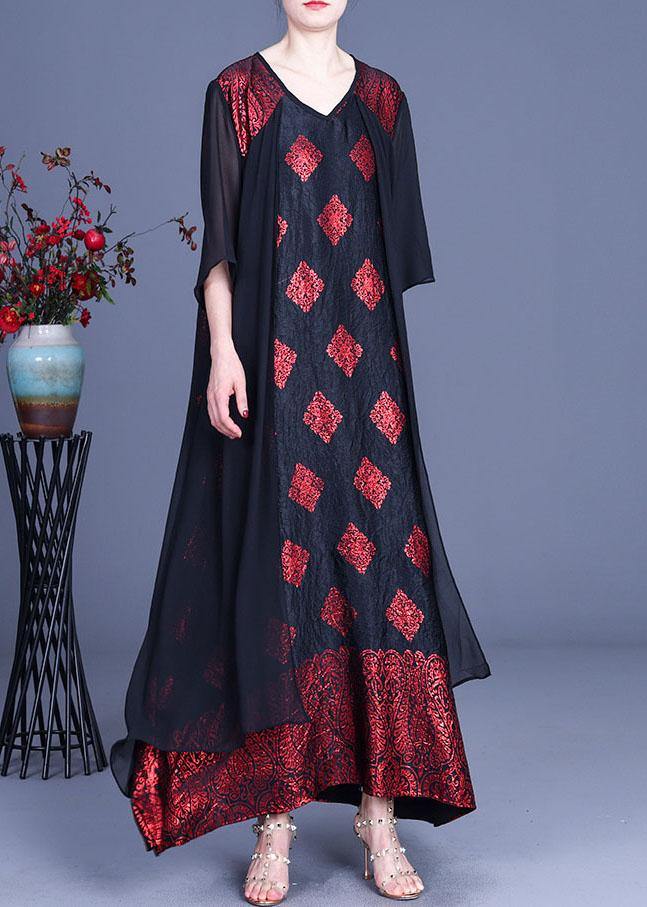 Red Print Patchwork Summer Silk Party Dress