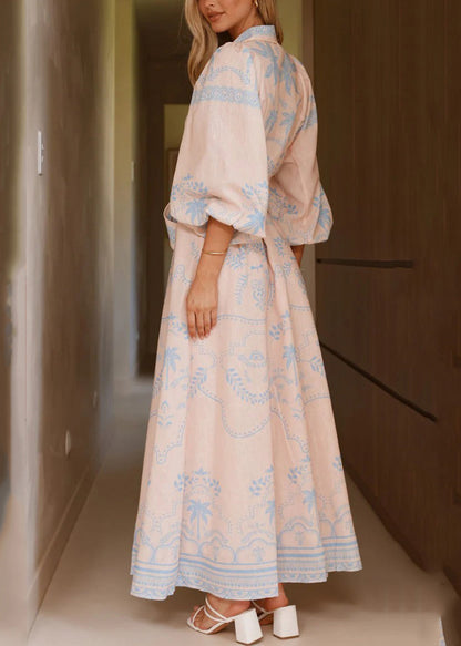Blue Print Maxi Linen Dresses Lantern Sleeve Fall