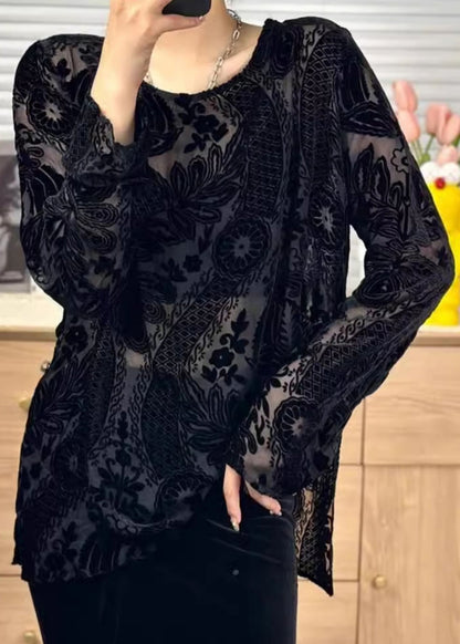 Black O Neck Jacquard Silk Velour Shirt Tops Fall