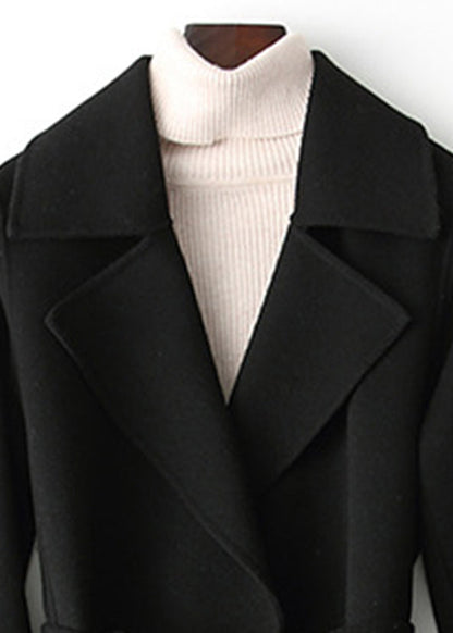Black Notched Tie Waist Woolen Long Coats Fall