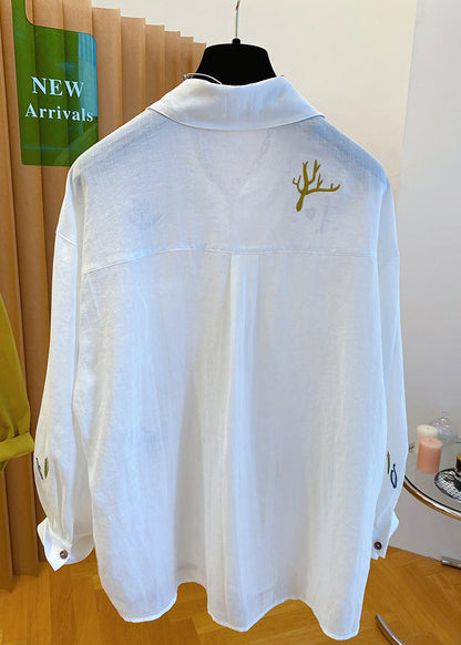 Natural Yellow Peter Pan Collar Print Cotton Shirt Tops Fall