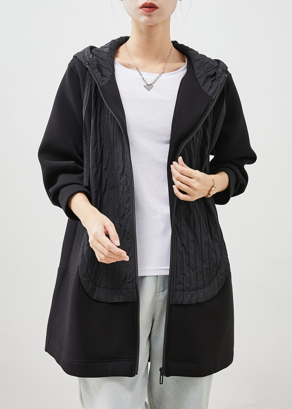 Black Hooded Patchwork Cotton Coat Outwear Spring