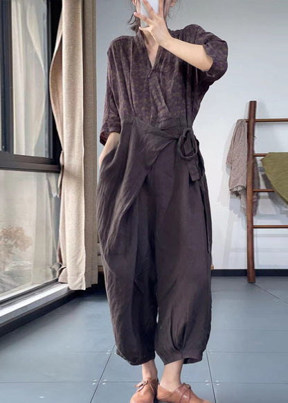 Coffee Purple V Neck Print Lace Up Patchwork Cotton Jumpsuit Spring