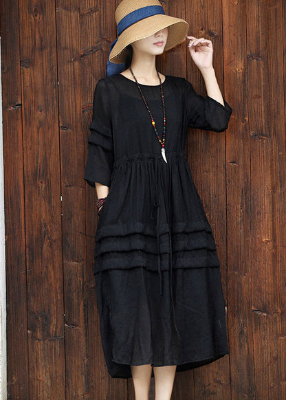 Black O-neck Drawstring Cotton Long Dress Two Pieces Set Summer