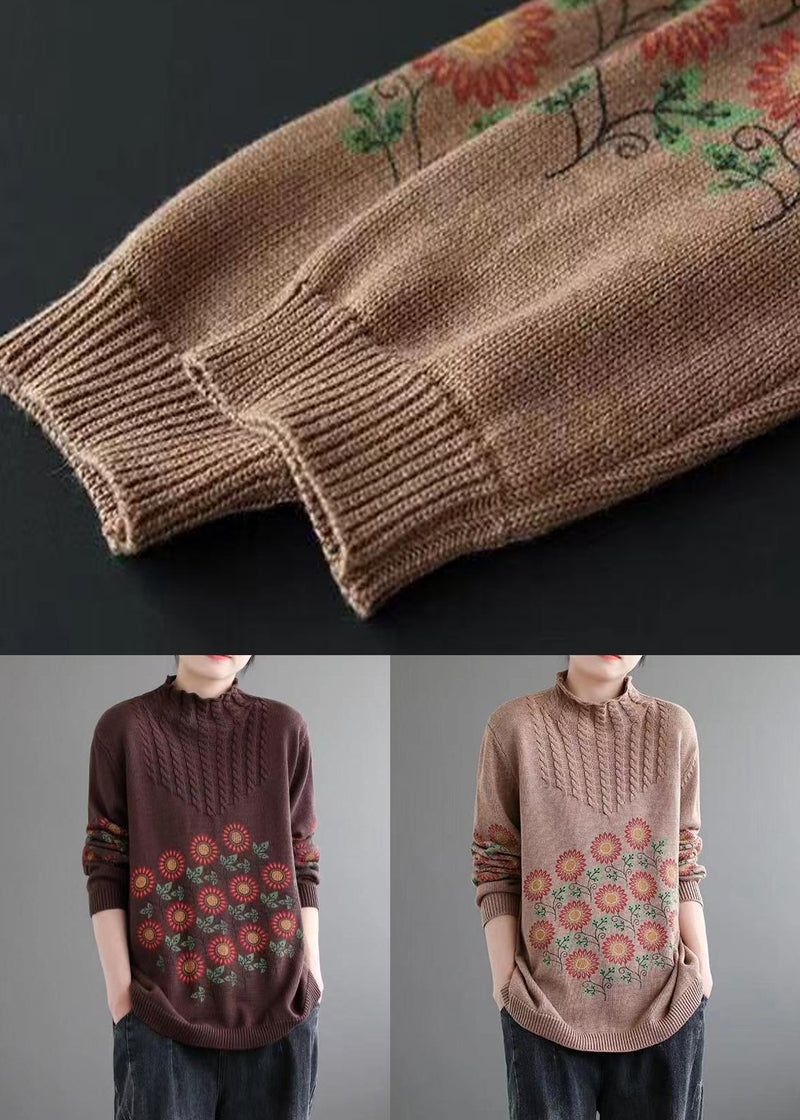 Khaki Turtleneck Print Patchwork Knitted Cotton Sweaters Fall