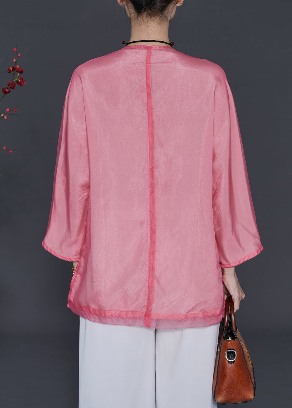Pink Embroidered Organza Blouses Summer