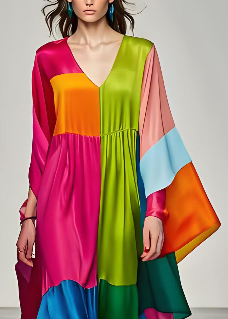 Colorblock V Neck Patchwork Silk Long Dress Summer