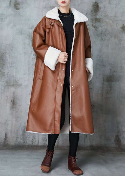 Italian Brown Oversized Warm Leather and Fur Trench Coats Spring