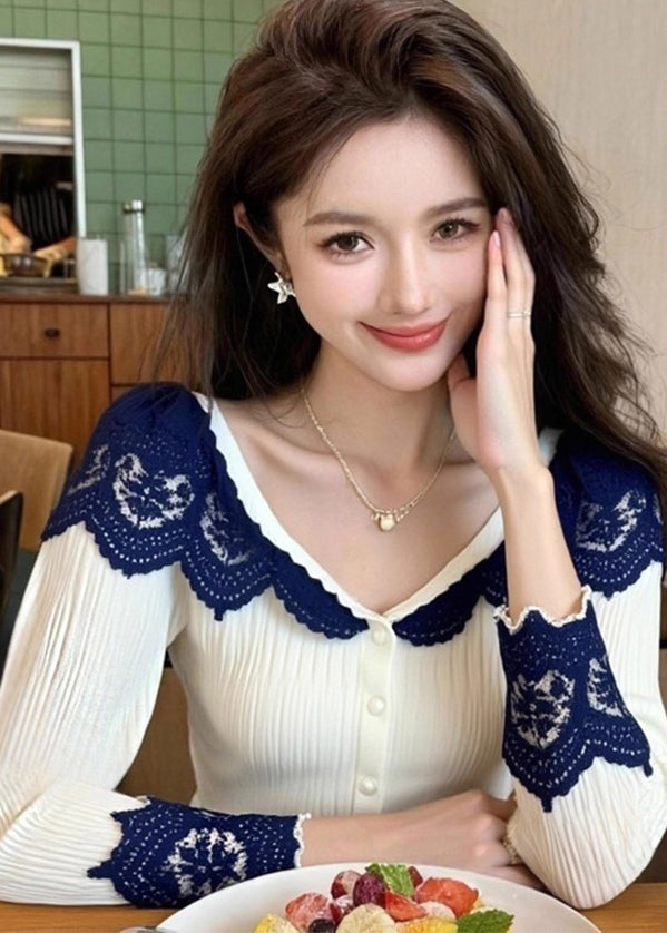 White V Neck Lace Patchwork Knit Tops Spring