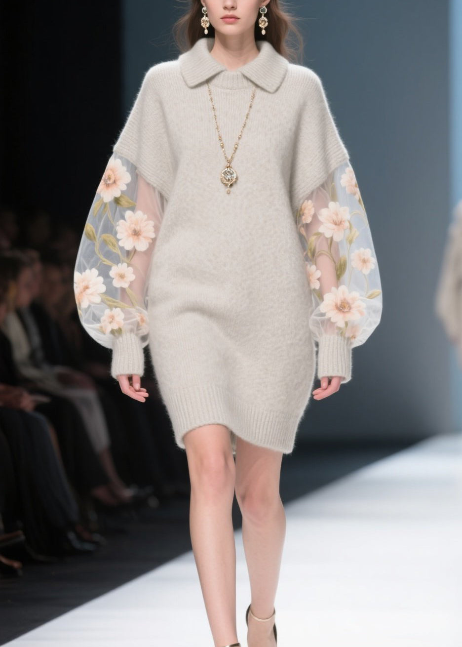 Grey Tulle Patchwork Knit Sweater Dress Winter