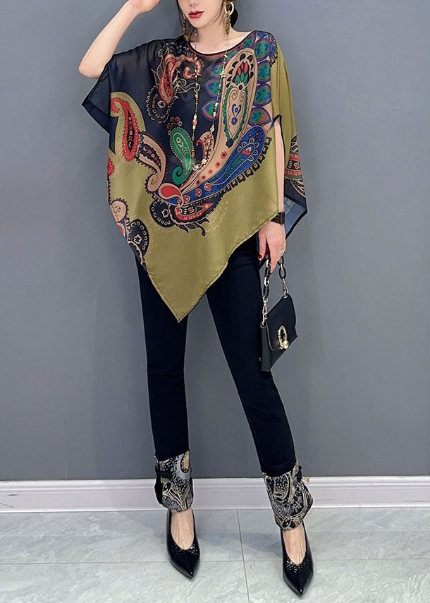 Colorblock Asymmetrical Print Chiffon Top Batwing Sleeve