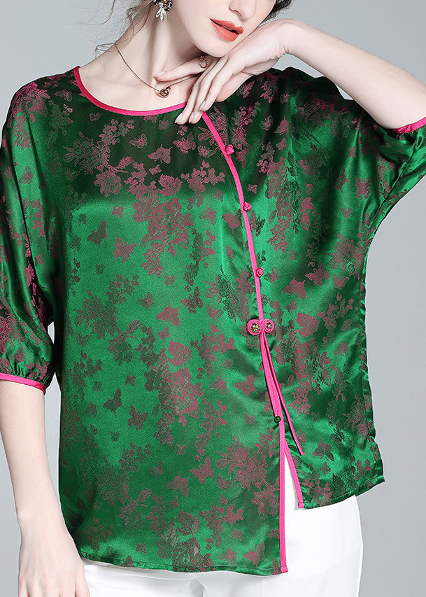 Green O-neck Asymmetrical Button Silk Top Summer