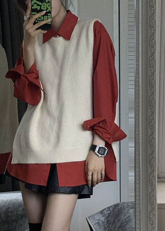 Side Open Apricot Knit Waistcoat and Red Shirts Two Pieces Set Fall
