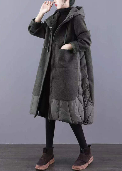 Green Pockets Patchwork Thick Long Coat Zip Up Long Sleeve