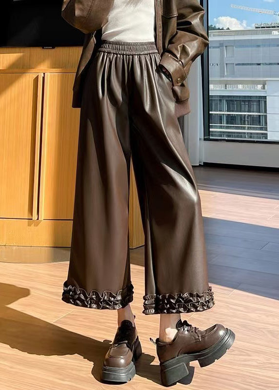 Fine Coffee Ruffled Pockets Elastic Waist Faux Leather Crop Pants Spring