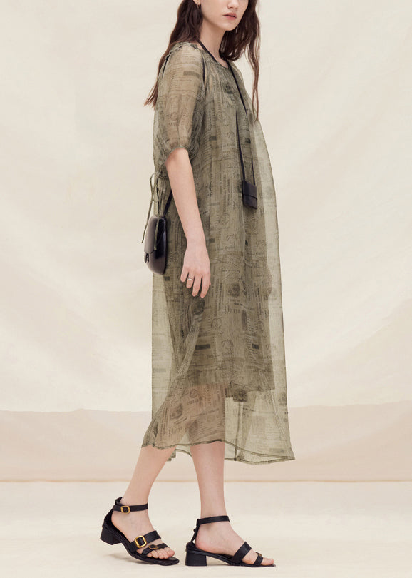 Style O Neck Print Lace Up Silk Dress Summer