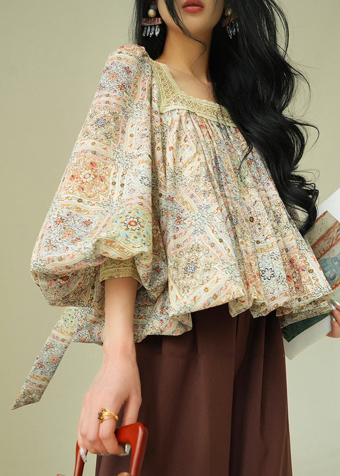 Square Collar Print Lace Up Patchwork Cotton Blouses Fall