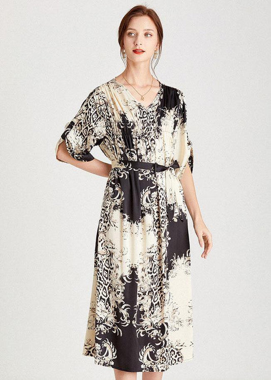 Black White Print Loose Tie Waist a Line Summer Dresses