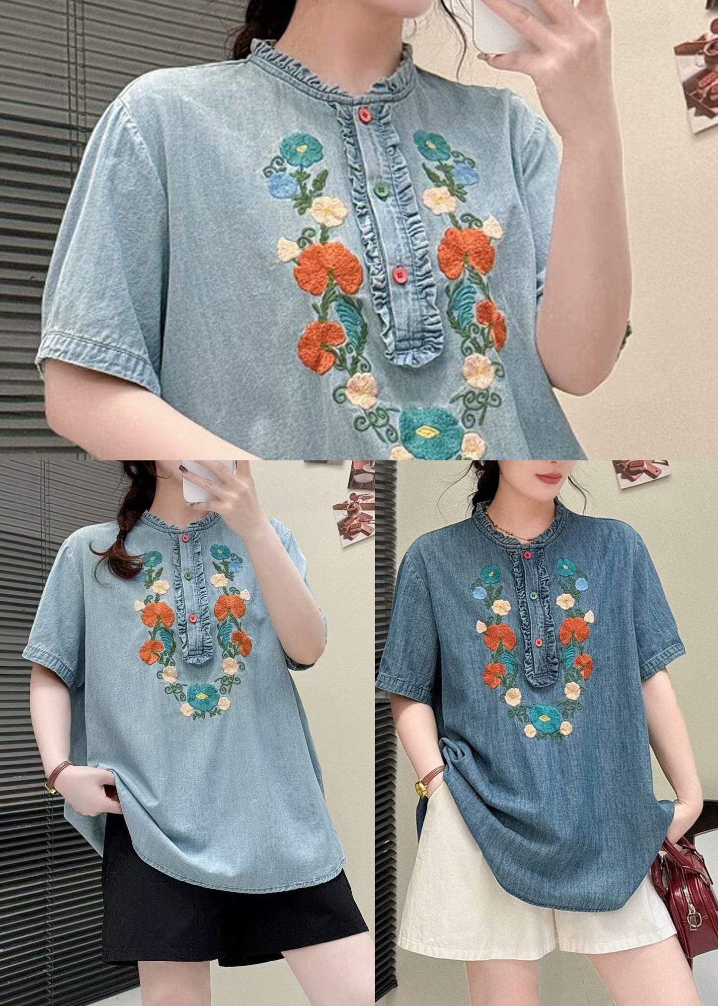 Light Blue Denim Blouses Ruffled Embroidered Summer