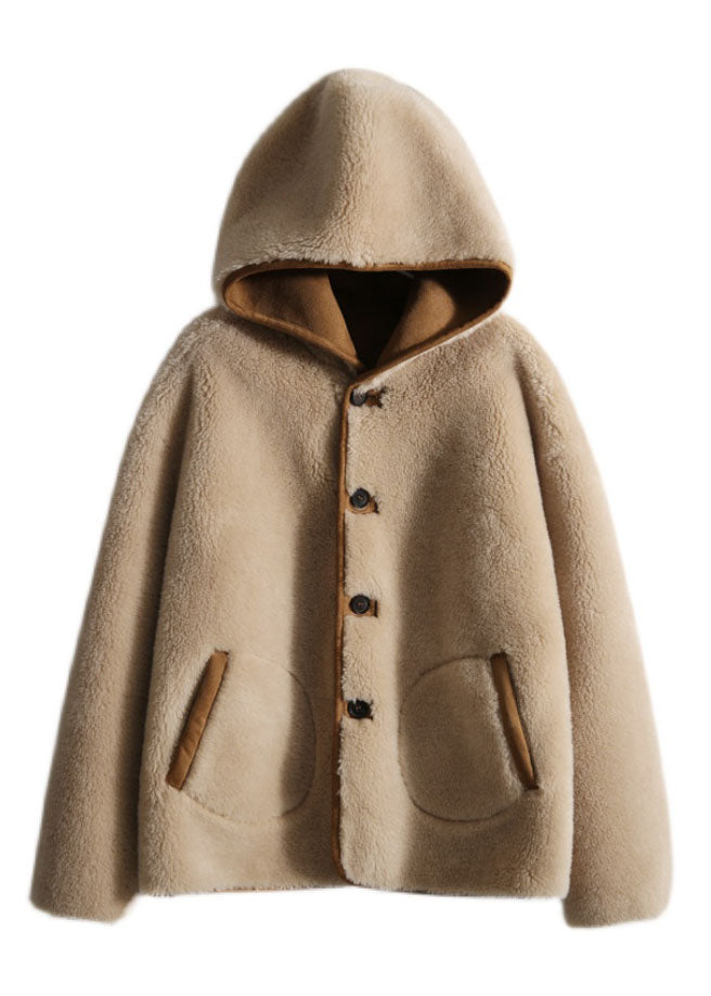 Light Camel Patchwork Button Hooded Faux Fur Coats Long Sleeve