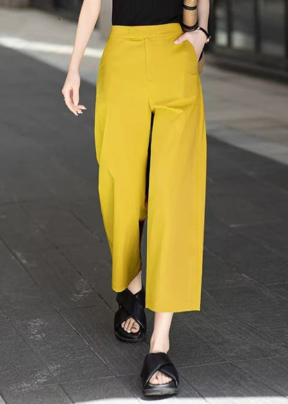 Yellow Button Pockets Cotton Summer Crop Pants High Waist