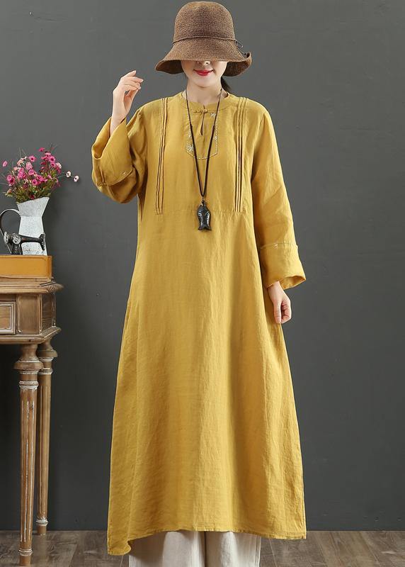 Yellow Quilting Clothes Stand Collar Pockets Long Spring Dress