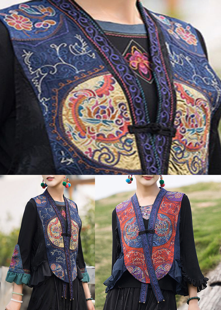 Retro Blue V Neck Embroideried Waistcoat Sleeveless