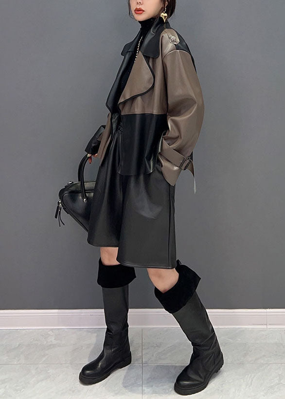 Unique Colorblock Notched Patchwork Faux Leather Coat Spring