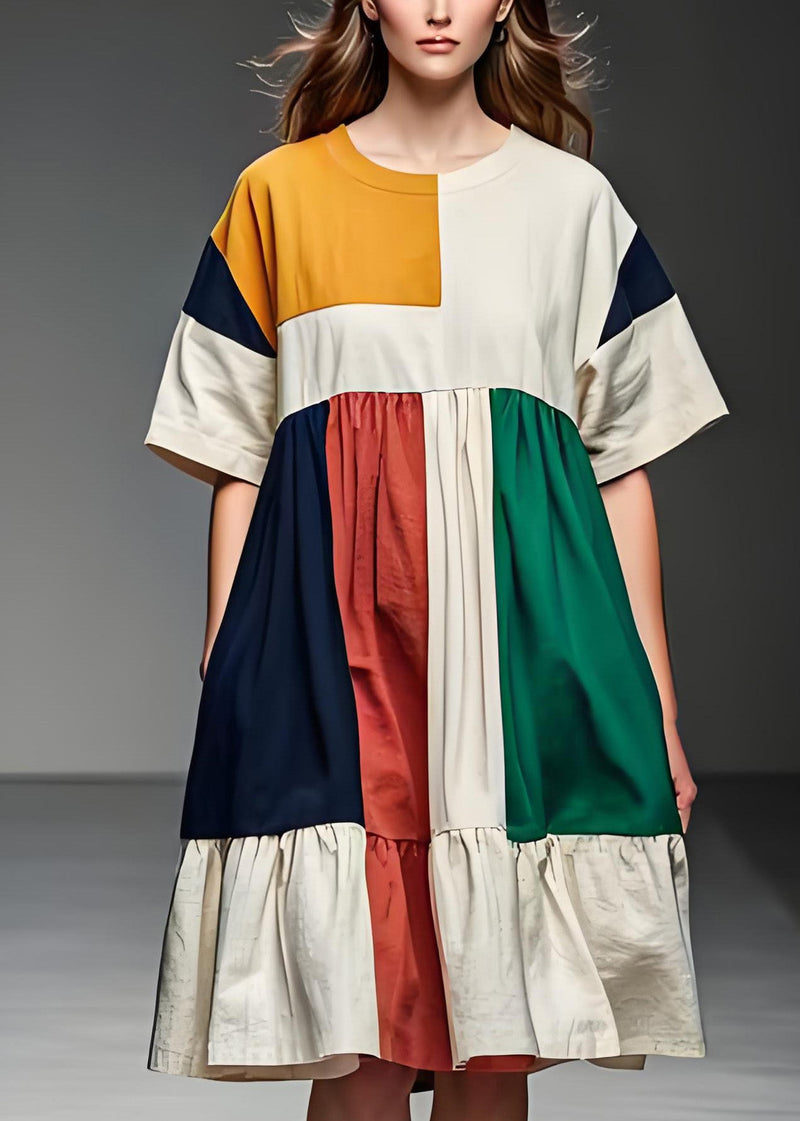Colorblock O Neck Patchwork Linen Mid Dress Summer