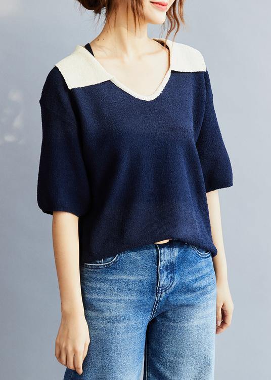 Blue Cotton Blouse Polo Collar Oversized Summer Shirt Style