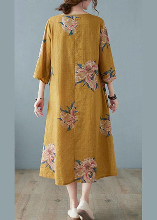 Loose Yellow V Neck Print Summer Party Dresses Half Sleeve