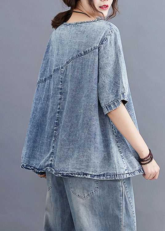 Retro Denim Blue O-neck Patchwork Top Half Sleeve