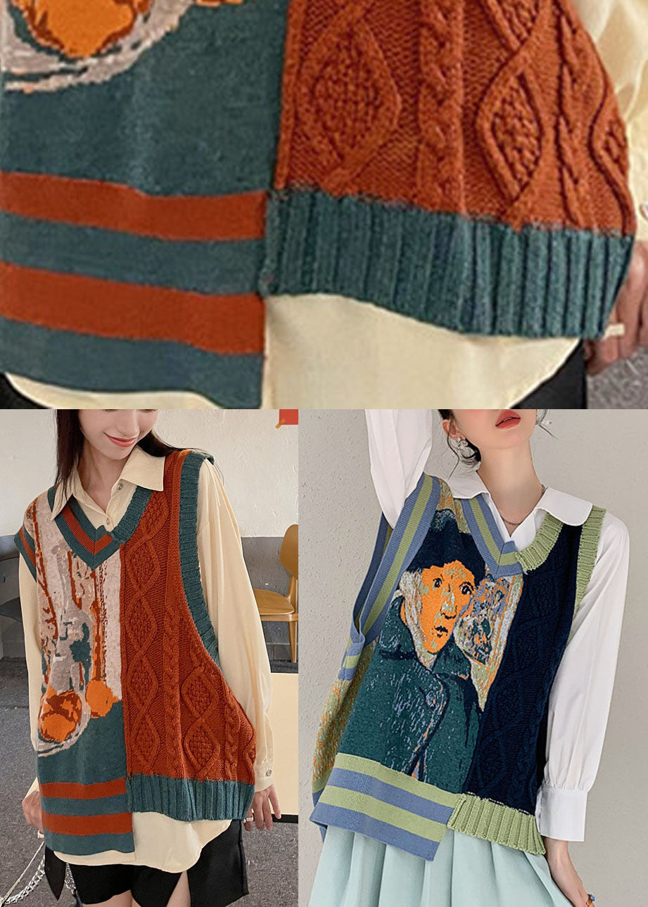 Unique Orange Patchwork Asymmetrical Design Print Fall Knit Vest