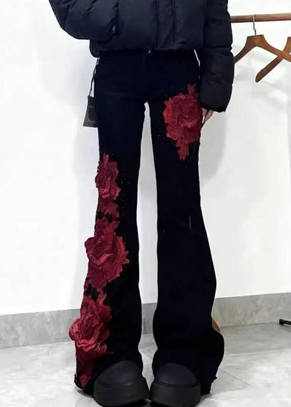 Slim Fit Black High Waist Roses Patchwork Denim Flare Bottoms Spring
