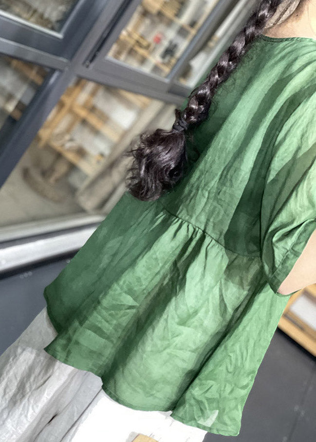 Green Embroideried Patchwork Lace Up Linen Top Short Sleeve