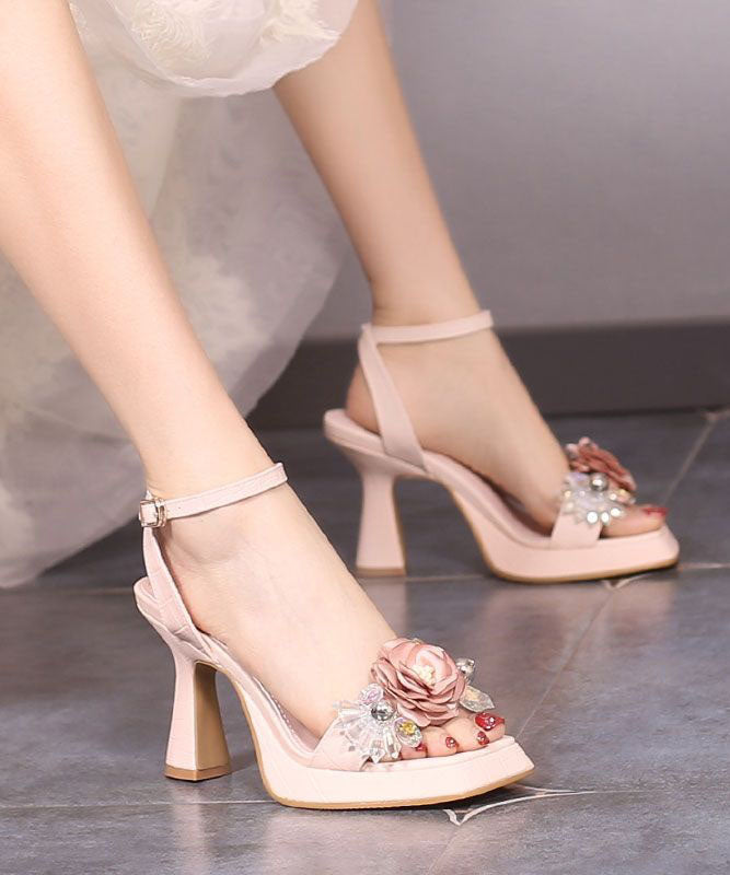Handmade Zircon Splicing Chunky Heel Sandals Pink Faux Leather