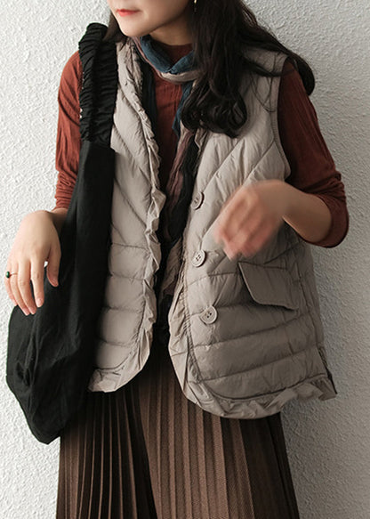 Grey V Neck Pockets Duck Down Waistcoat Winter